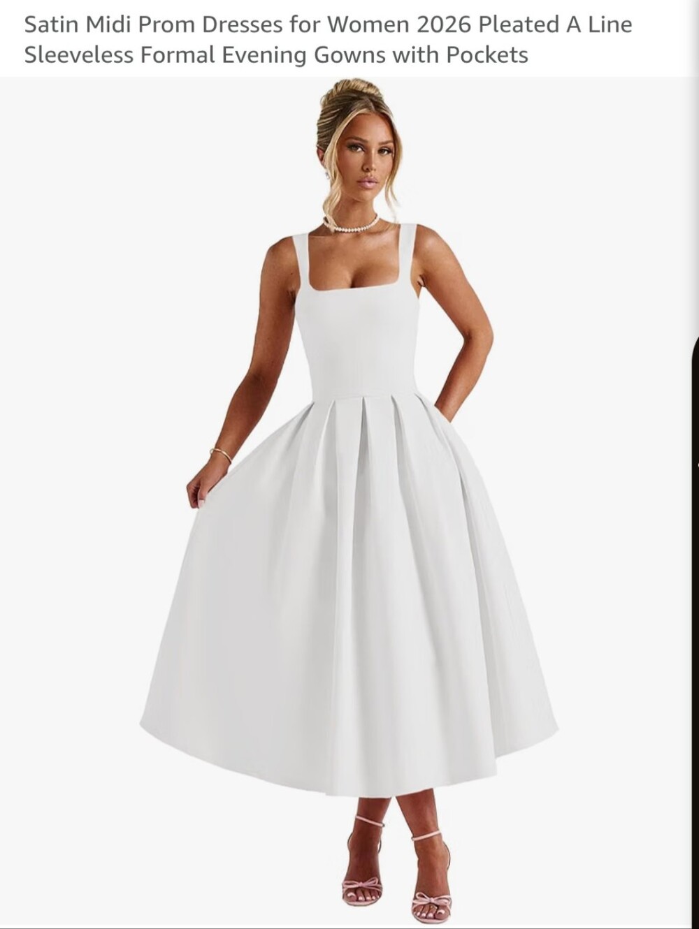 White Satin Midi Prom Dress - Pleated A Line Sleeveless Formal Evening